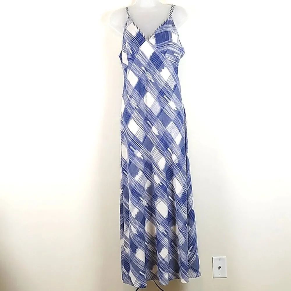 Indigo Handloom Blue And White Cotton  Plaid Maxi Dress
